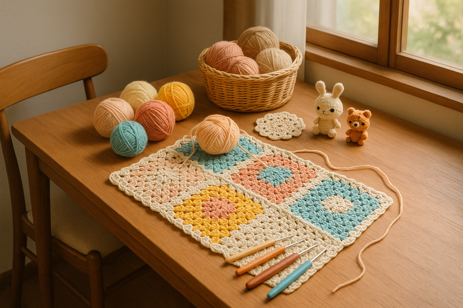 Crochet items and work on a desk